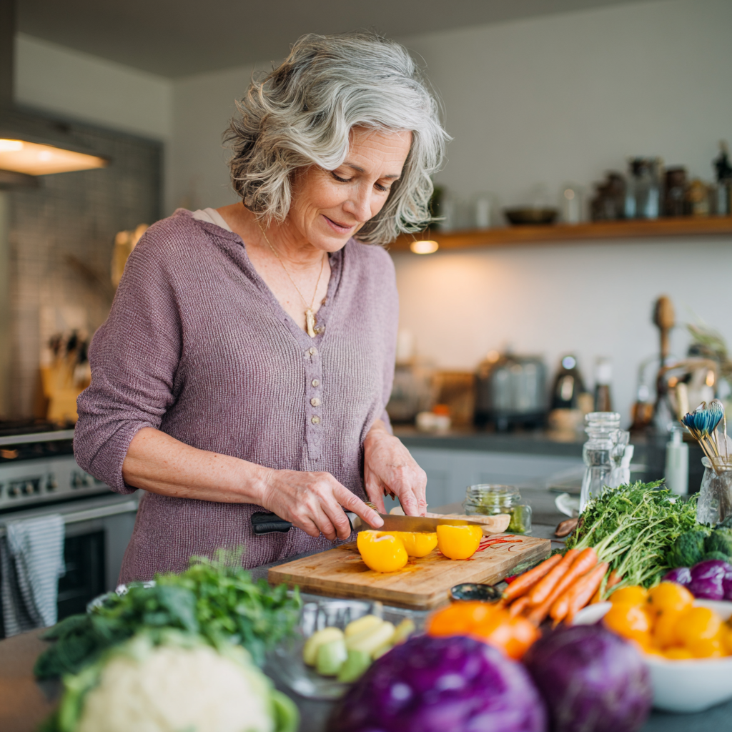 Middle-aged woman preparing healthy colorful meal in modern kitchen