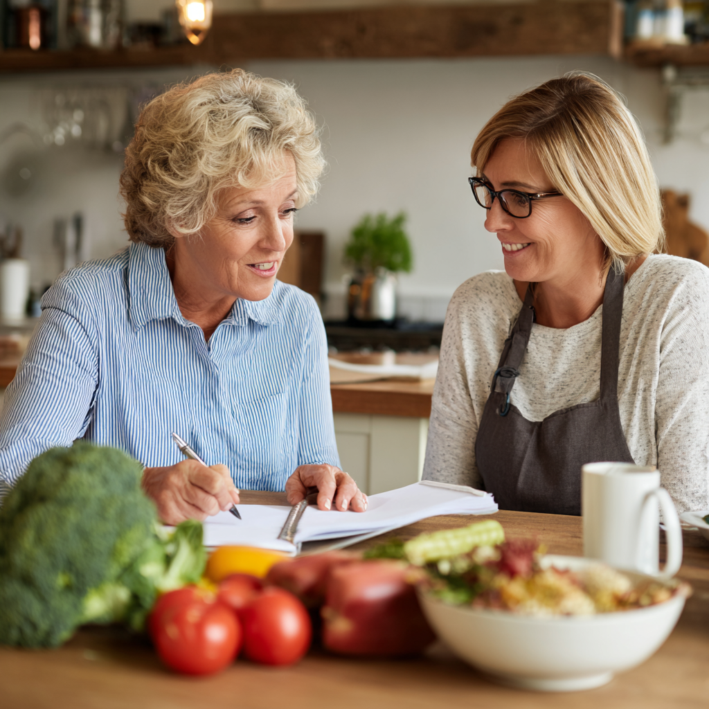 Senior nutritionist consulting with middle-aged client about healthy meal planning